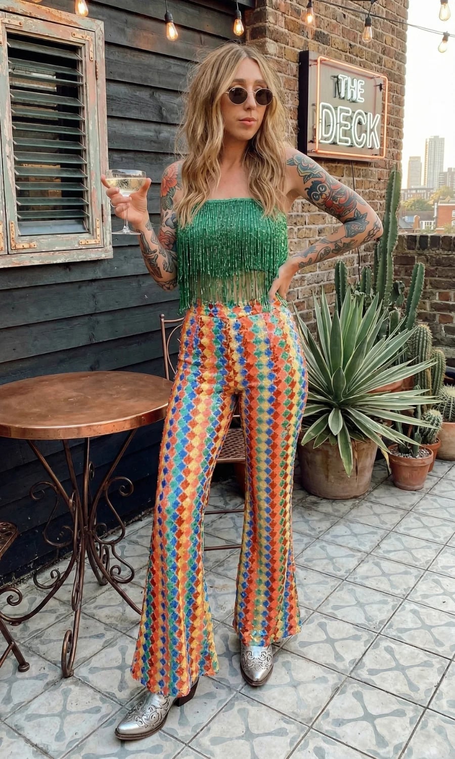 Green Sequin Tube Top With Rainbow Pants Green Sequin Tube Top With Rainbow Pants — Y2K Party Outfit Inspiration