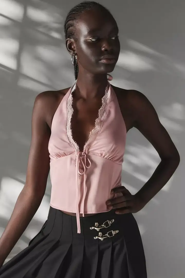 Pink Satin Halter Top With Lace Trim Pink Satin Halter Top With Lace Trim — Y2K Party Outfit Inspiration