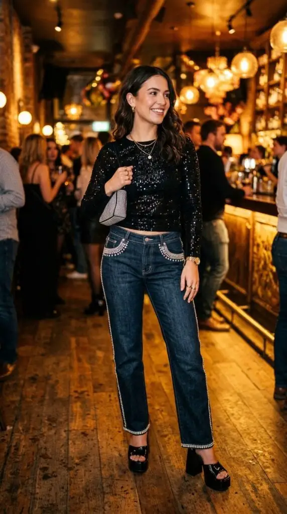 Black Sequin Top With Embellished Jeans Black Sequin Top With Embellished Jeans — Y2K Party Outfit Inspiration