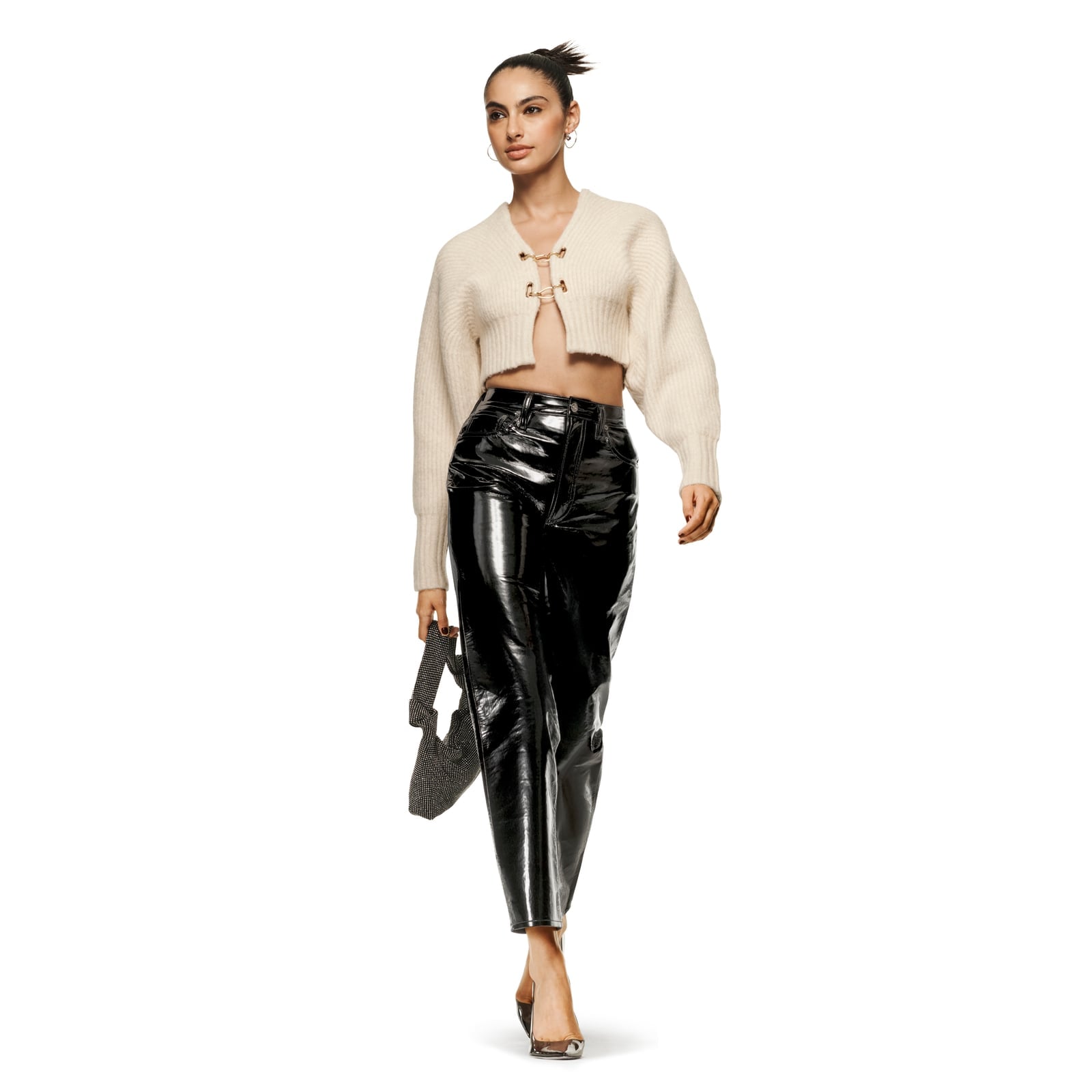 Knit Cardigan With Patent Leather Trousers Knit Cardigan With Patent Leather Trousers — Y2K Party Outfit Inspiration