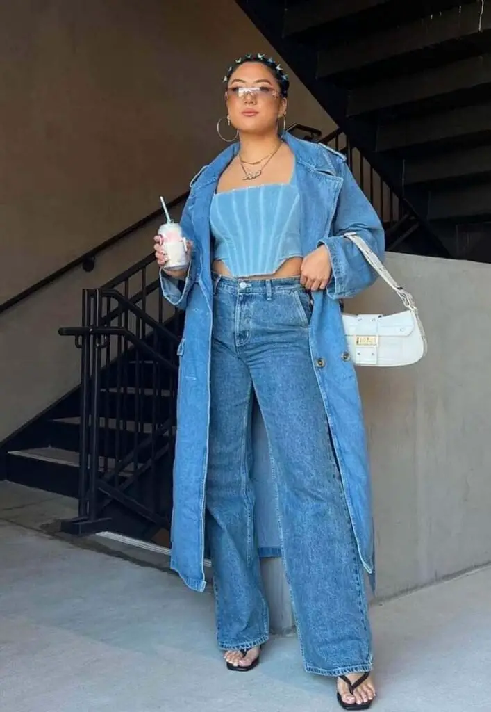 Denim Trench Coat Over Corset Top Denim Trench Coat Over Corset Top — Y2K Party Outfit Inspiration