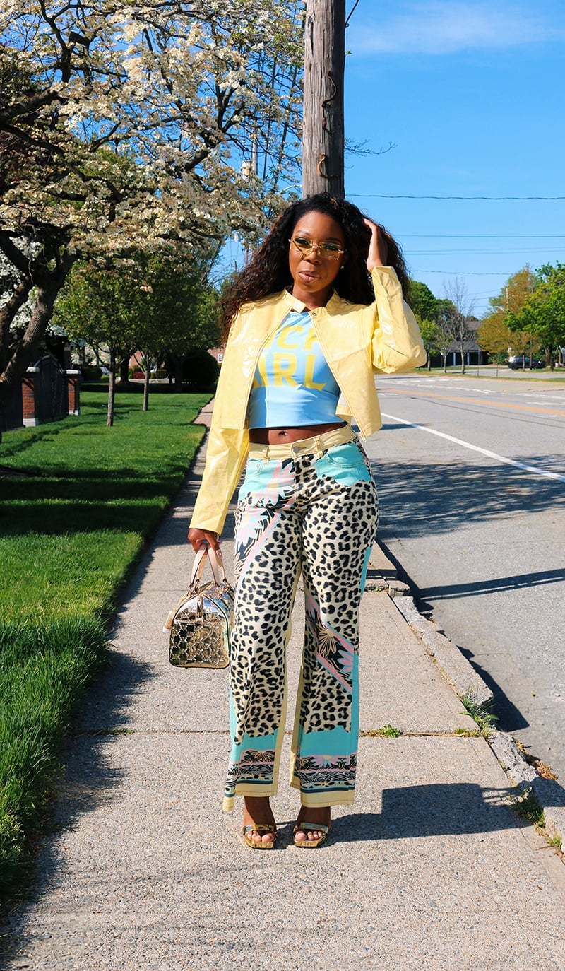 Yellow Cropped Jacket With Printed Pants Yellow Cropped Jacket With Printed Pants — Y2K Party Outfit Inspiration